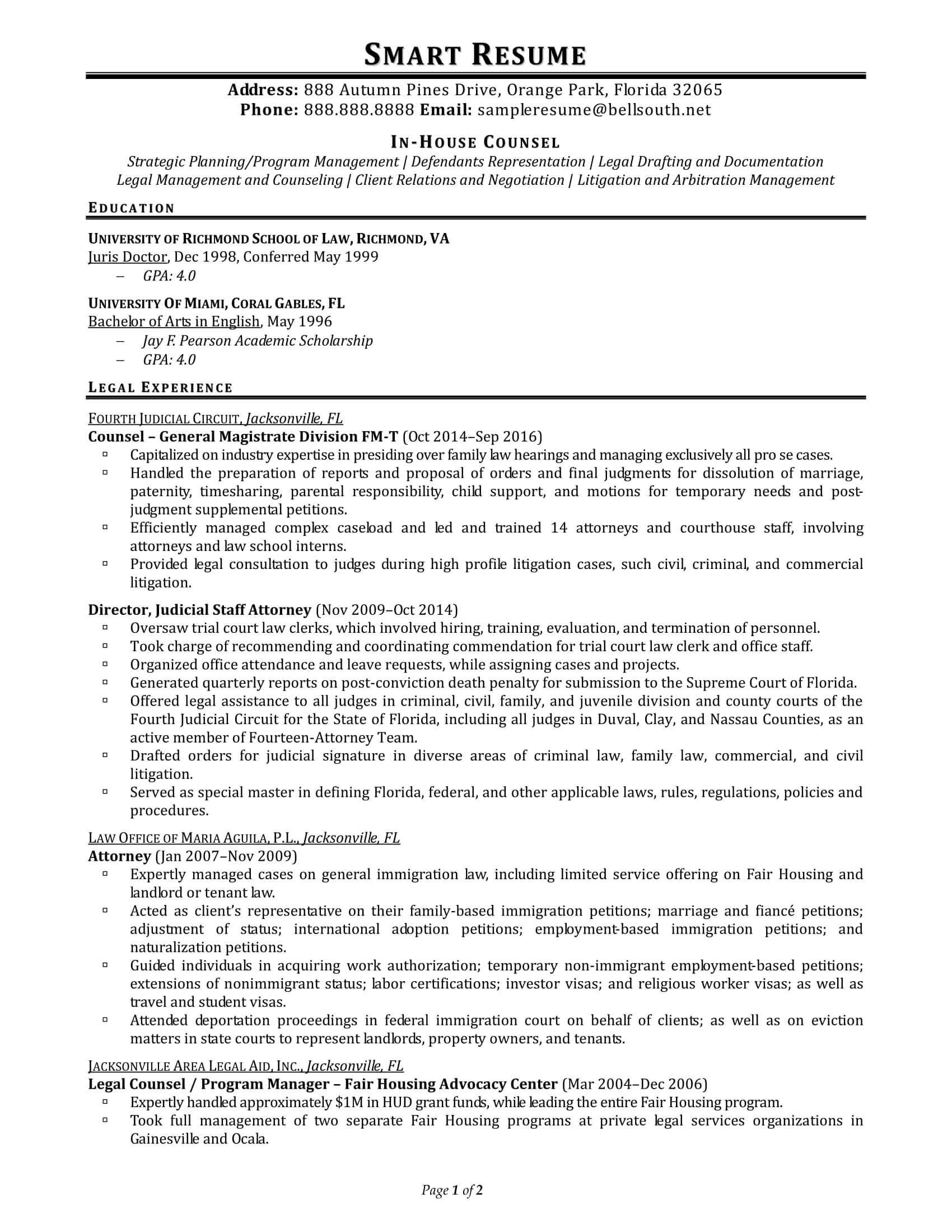In-House Counsel Resume Sample